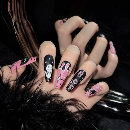 ZZJL-Pink Spooky Press On Nails | Matte Black Cat & Ghost Hand-Painted Art