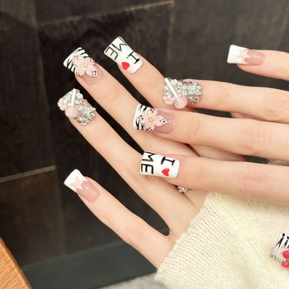 2921-Cherry Zebra Press On Nails Duck Nails | "I Heart Me" Kawaii 3D Lollipop Art