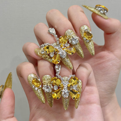 A6-Golden Amber Butterfly Press On Nails | Luxury Champagne Glitz Handmade