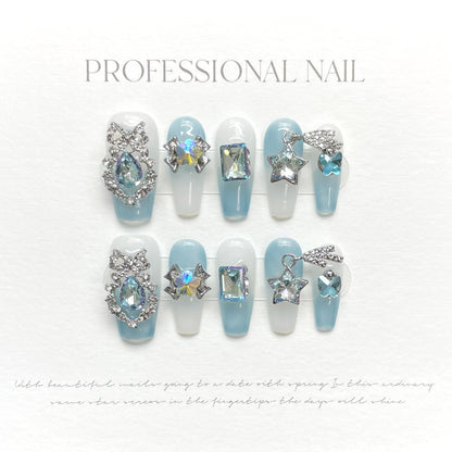 BCHD-Baby Blue Ombre Press On Nails | Crystal Star & Butterfly Fairy Art