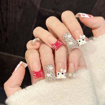 3334-Sweet Kitty Handmade Press On Nails Duck Nails| Red Lips & Full Diamond Luxury Art