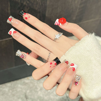 3289-Scarlet Kiss Duck Nails | Red Lips Flare Press On Nails with Crystal Hearts