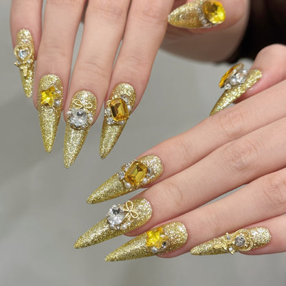 A6-Golden Amber Butterfly Press On Nails | Luxury Champagne Glitz Handmade