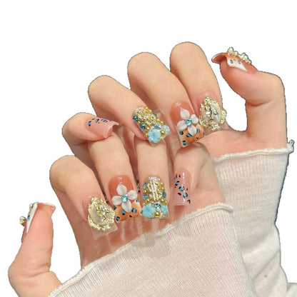 646-Handmade Duck Nails | Leopard Print & Gold Cross Press On Nails | Artisan Crafted Flare Nails