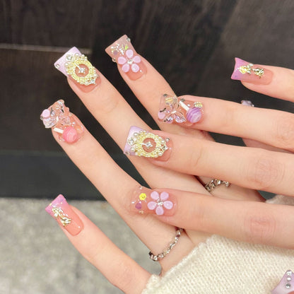 3286-Lavender & Pink Duck Nails | Flare Press On Nails with 3D Flowers & Butterflies