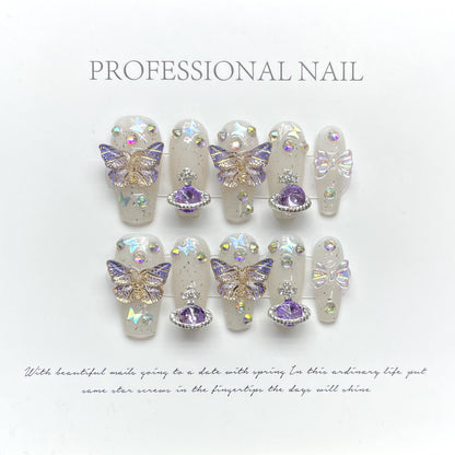 JGHD-Galactic Purple Press On Nails | Saturn & 3D Butterfly Luxury Art