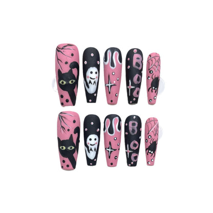 ZZJL-Pink Spooky Press On Nails | Matte Black Cat & Ghost Hand-Painted Art