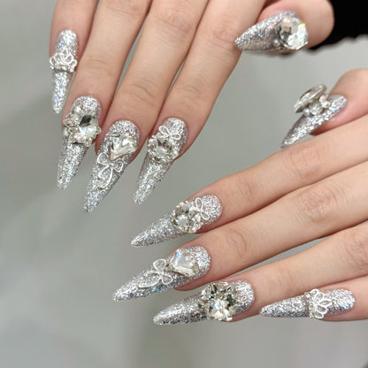 A5-Silver Diamond Butterfly Press On Nails | Extreme Glitz Luxury Handmade