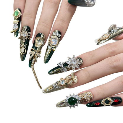 A4-Emerald Empress Luxury Handmade Press On Nails | Vintage Baroque Art