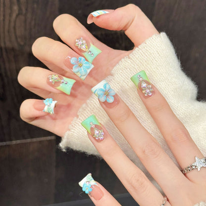 3287-Mint & Blue Duck Nails | Flare Press On Nails with 3D Tropical Flowers