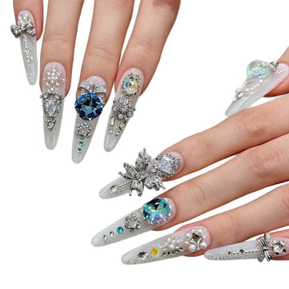 A2-Luxury Handmade Press On Nails - Blue Crystal & Silver Bow Design