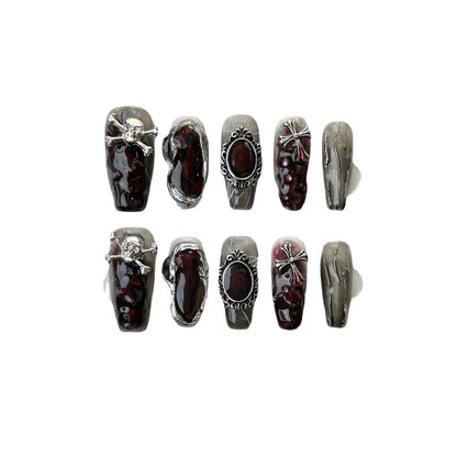 AHLM-Gothic Punk Press On Nails | Dark Red Marble & Skull Silver Art