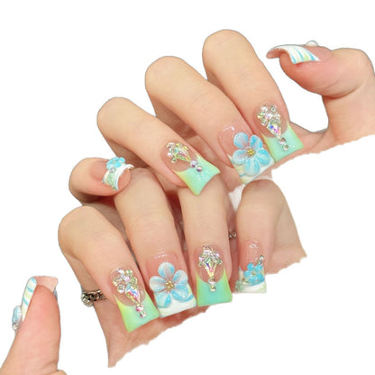 3287-Mint & Blue Duck Nails | Flare Press On Nails with 3D Tropical Flowers