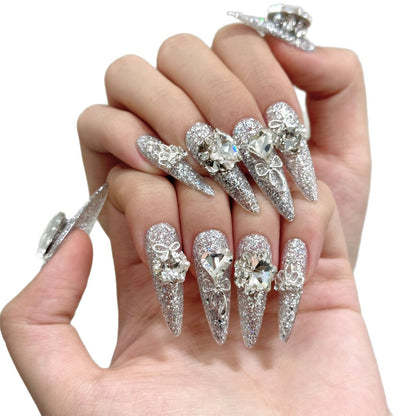 A5-Silver Diamond Butterfly Press On Nails | Extreme Glitz Luxury Handmade