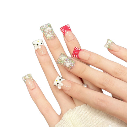 3334-Sweet Kitty Handmade Press On Nails Duck Nails| Red Lips & Full Diamond Luxury Art