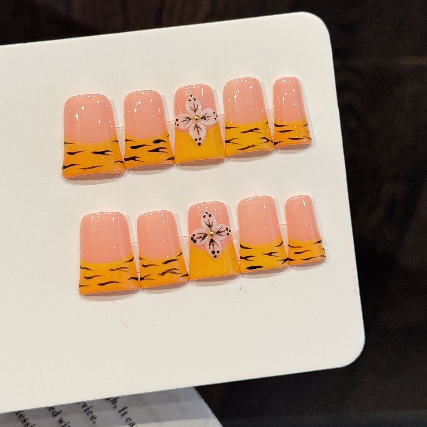 912-Artisan Hand-Painted Duck Nails | Yellow Tiger Stripe Flare Press Ons | 100% Handmade Custom Nail Art
