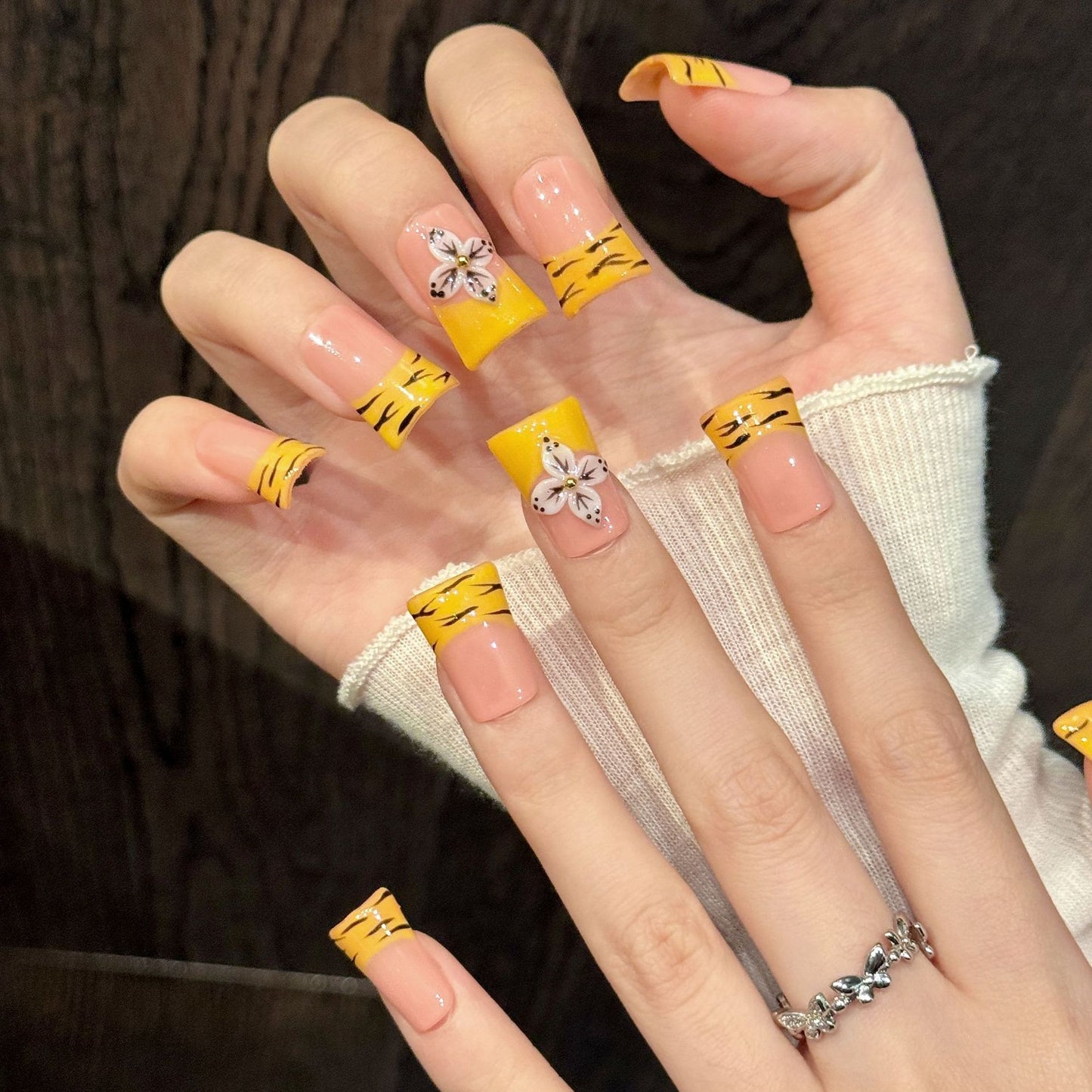 912-Artisan Hand-Painted Duck Nails | Yellow Tiger Stripe Flare Press Ons | 100% Handmade Custom Nail Art