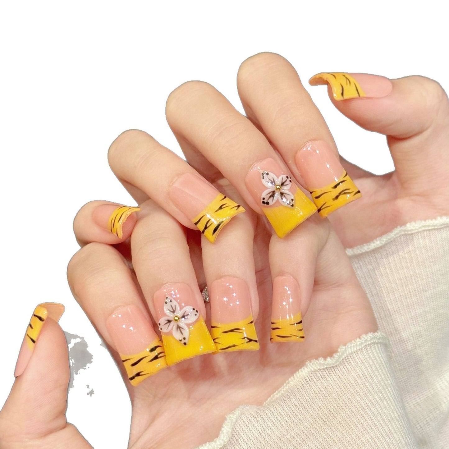 912-Artisan Hand-Painted Duck Nails | Yellow Tiger Stripe Flare Press Ons | 100% Handmade Custom Nail Art