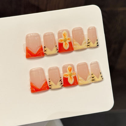 W251-Duck Nails - Orange French Tiger Press Ons | Short Square Floral Nails