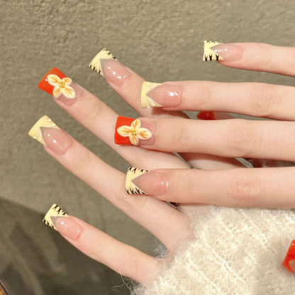 W251-Duck Nails - Orange French Tiger Press Ons | Short Square Floral Nails